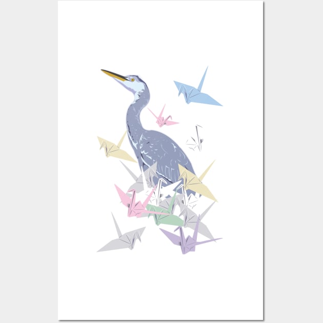 Crane with paper cranes Wall Art by Indigoego